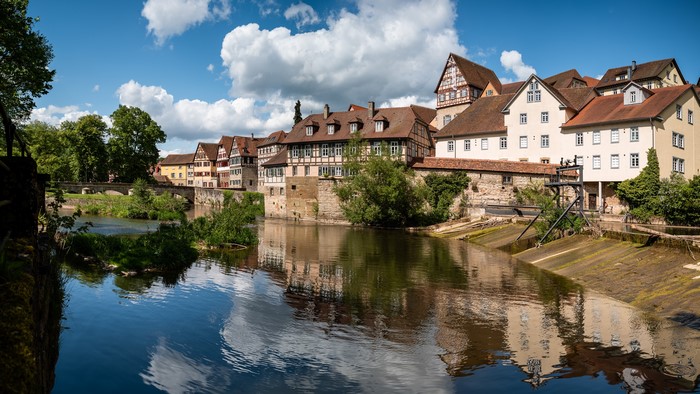 Half-timbered houses along a river in Germany