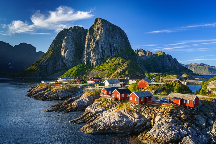 Norway Lofoten Mountains with Red Houses