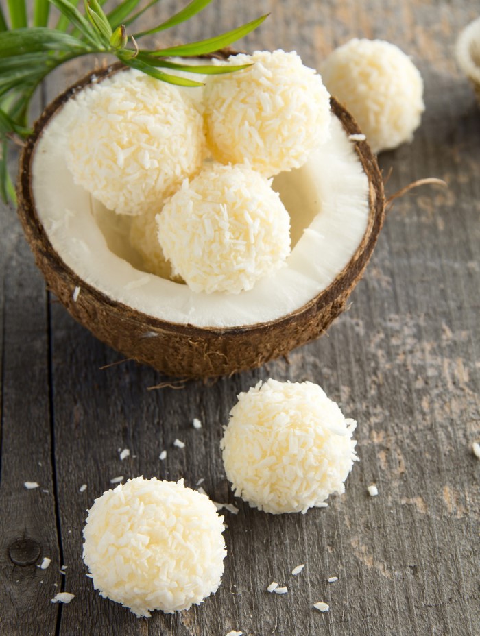 Coconut candies in a halved coconut