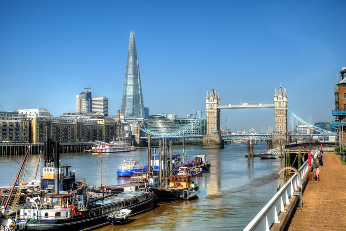 London skyline with Tower Bridge and The Shard over River Thames