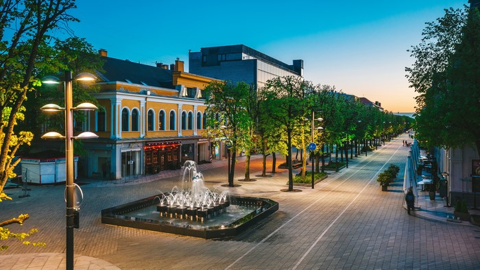 Fountain on a tree-lined avenue in Kaunas, Lithuania