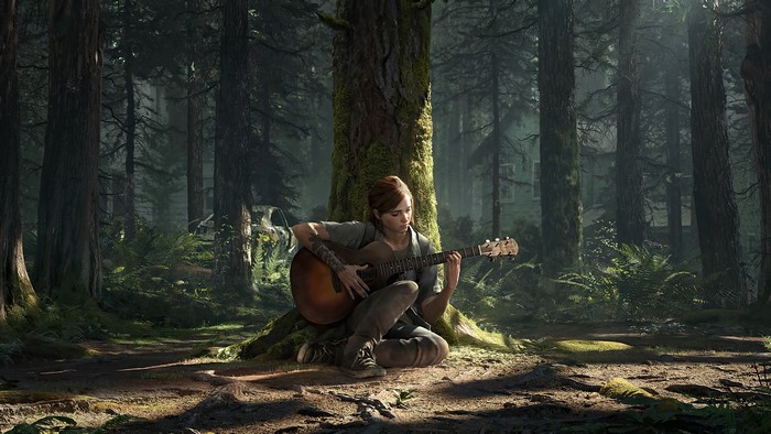 Ellie Playing Guitar in Forest Clearing 4K