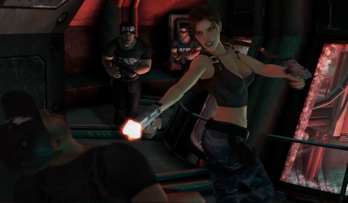 Lara Croft from Tomb Raider shooting