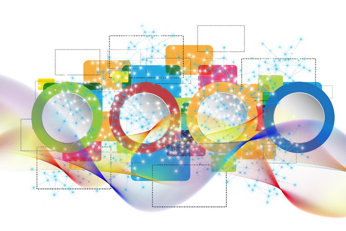 Multicolor abstract circles and squares with network connections