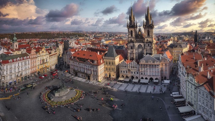 4K Prague Old Town Square with Church of Our Lady before Týn