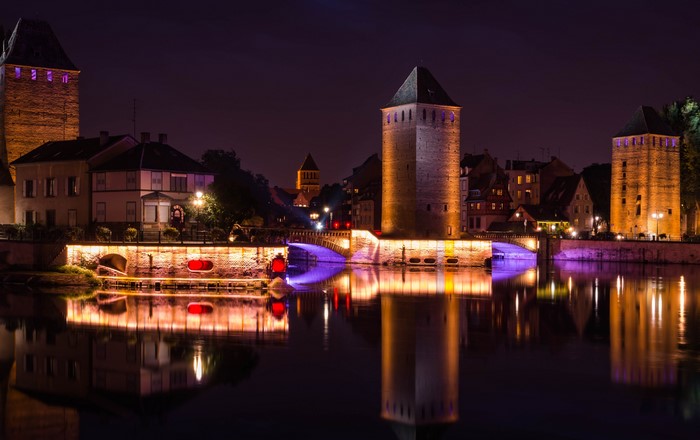Strasbourg bridges and towers at night