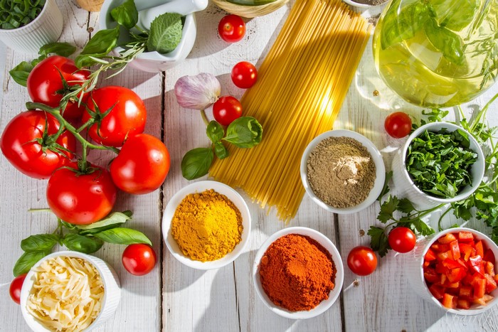 Tomatoes, Spices, Oil, and Pasta Ingredients
