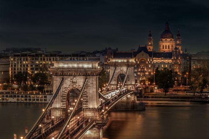Chain Bridge over the Danube River in Budapest at Night