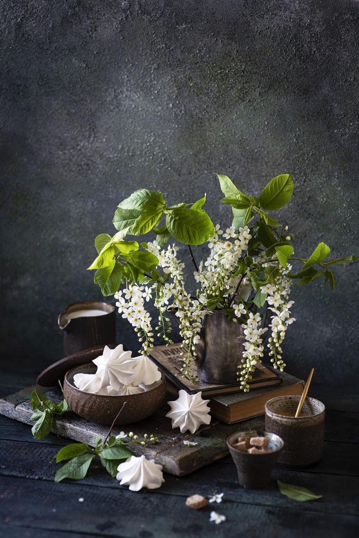 Still-life with bird cherry blossoms and meringues