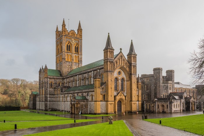 Buckfast Abbey in England on a rainy day