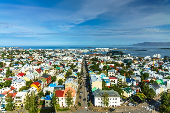 Reykjavik, Iceland: Aerial View of City and Sea