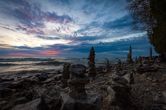 Stone Stacks on Lake Michigan Coast at Sunset