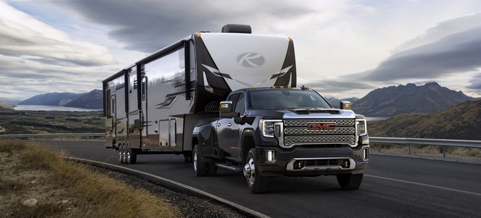 GMC Sierra 3500HD Denali towing a large trailer