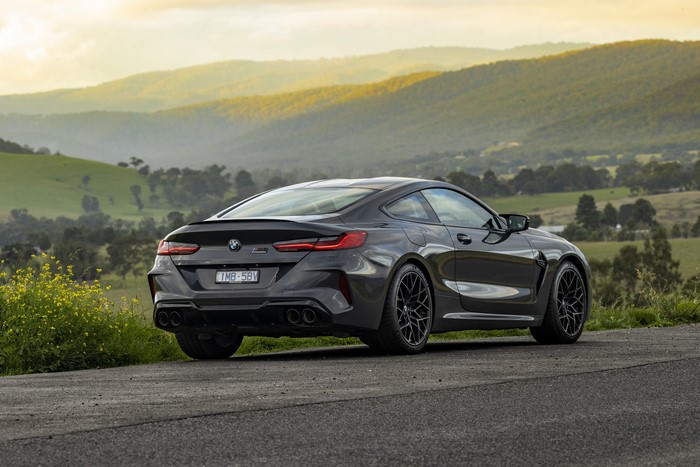 BMW M8 Competition Grey Metallic Coupe Back View 4K