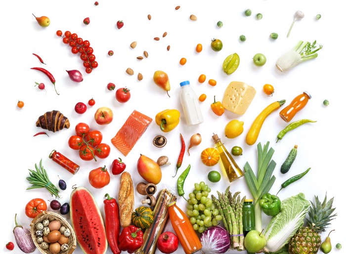 Assortment of fresh fruits, vegetables, dairy, and baked goods