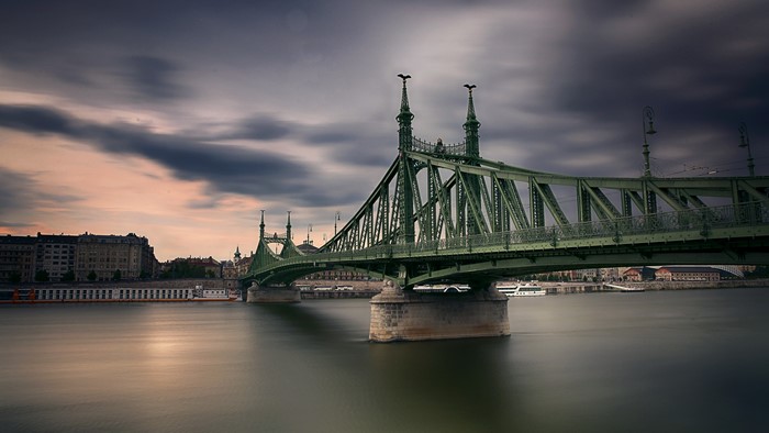 4K Liberty Bridge over Danube River in Budapest, Hungary