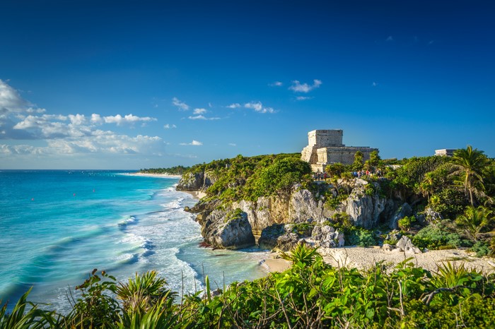 Tulum Ruins on a cliff overlooking the Caribbean Sea, Mexico