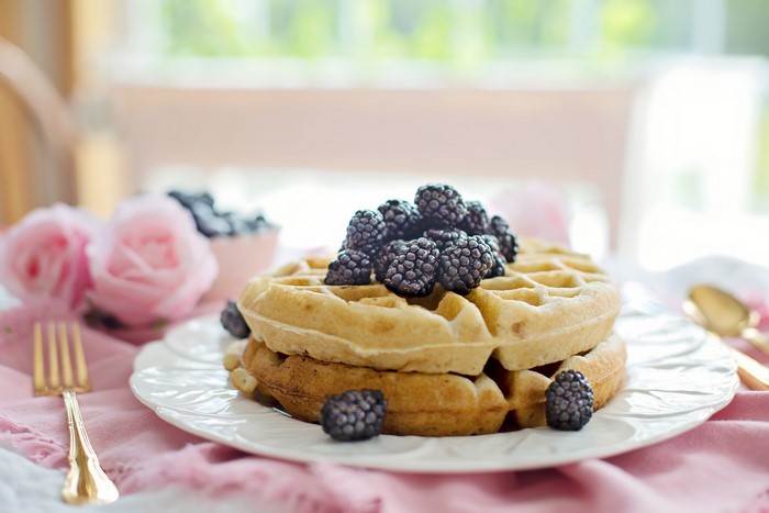 Waffles with Blackberries on a Plate with Fork