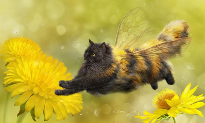 A cat with bee wings flies near dandelions