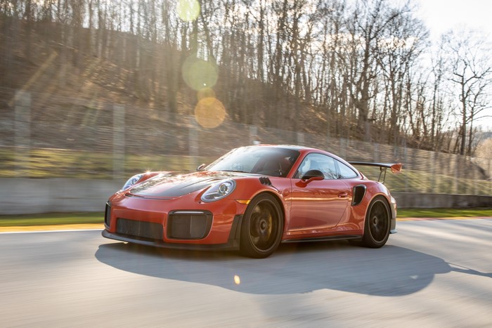 Red Porsche GT2 RS 991 type II on a track