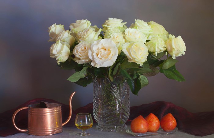 White Roses in a Vase with Fruit and Watering Can