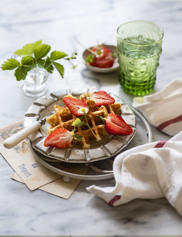 Waffles with Strawberries and Green Glass