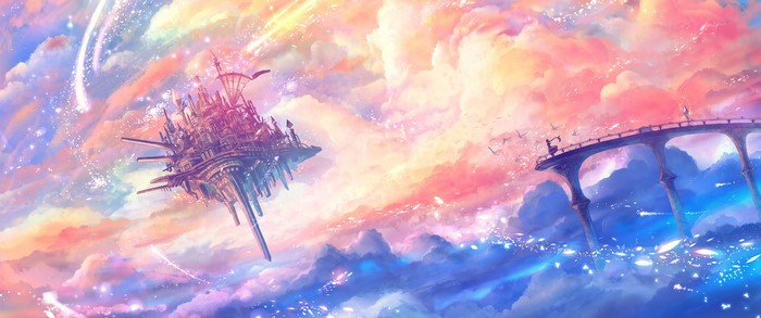 Floating castle and bridge in a colorful sky