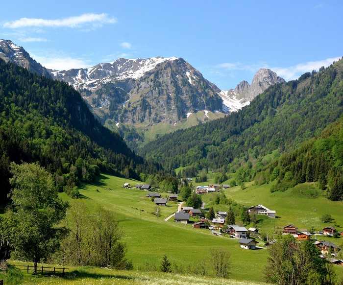 Village nestled in a green valley with snow-capped mountains