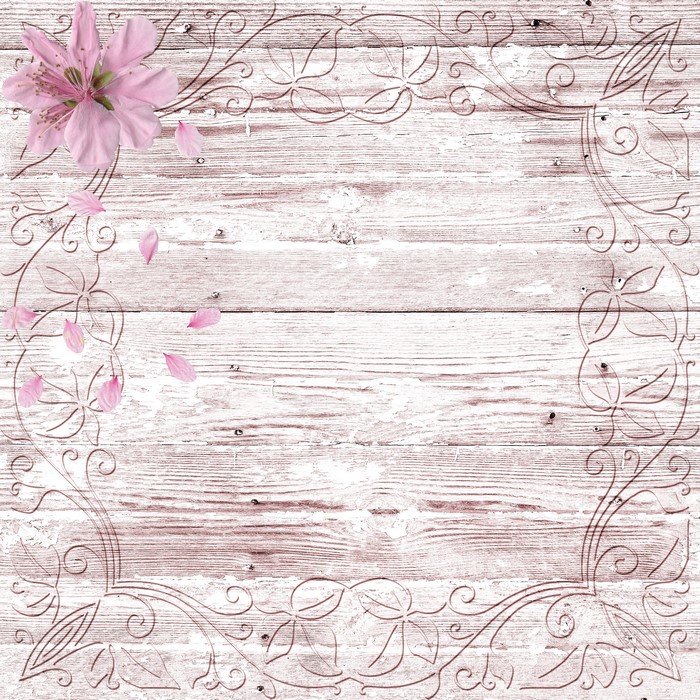 Pink flower and petals on wood planks with floral tracery