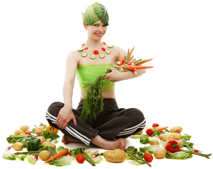Woman in Lotus Position with Vegetables