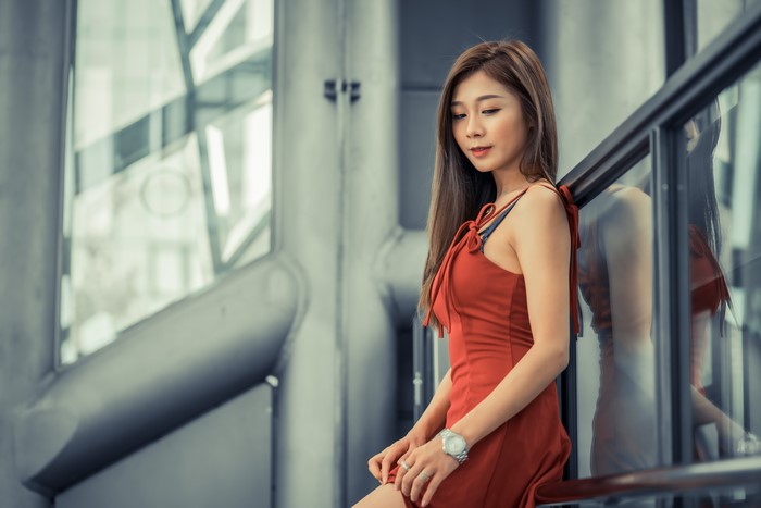 4K Asian Woman in Elegant Red Dress
