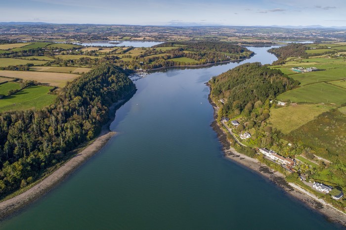 Aerial view of Belgrove Munster, Ireland with river and fields