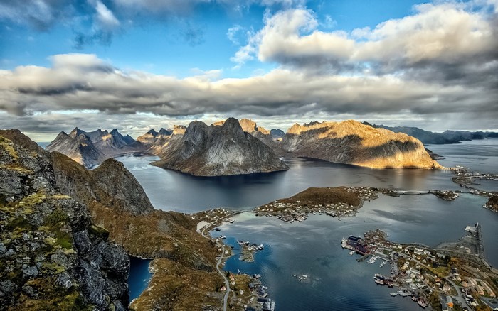 4K Norway Lofoten Mountains Bay From Above