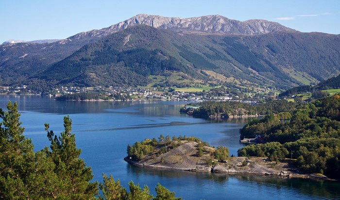 Uskedal village and bay with mountains in Norway