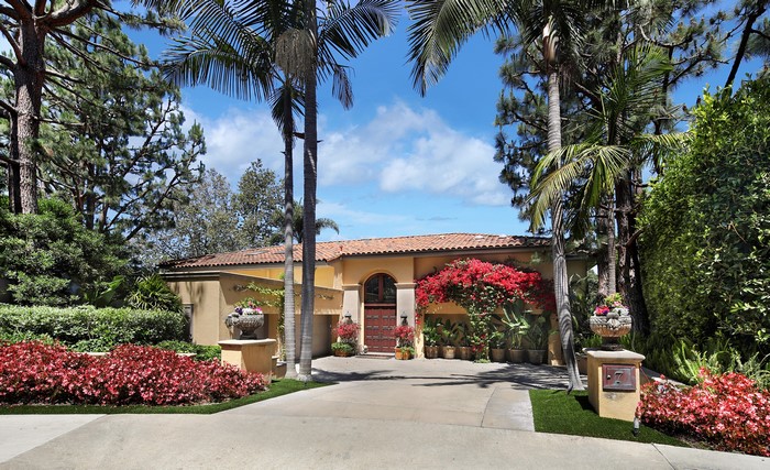 House with Palm Trees and Red Flowers in Newport Beach
