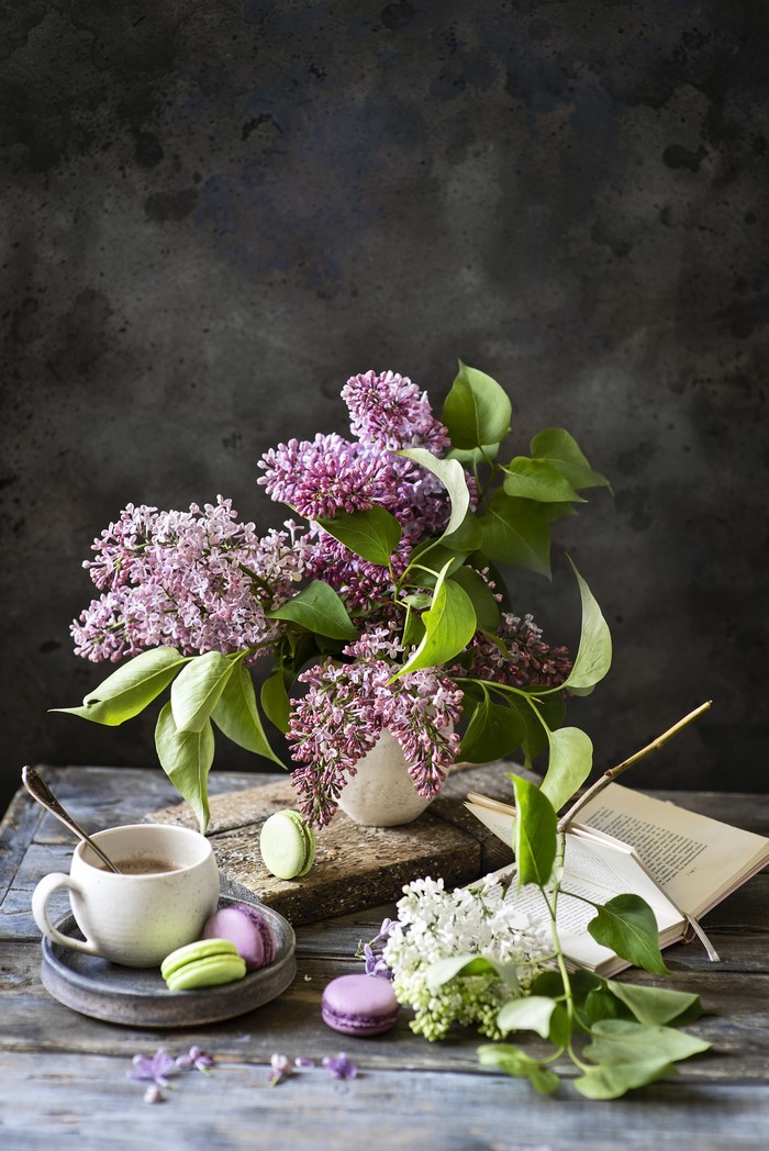 Still life with lilac, coffee, and macarons