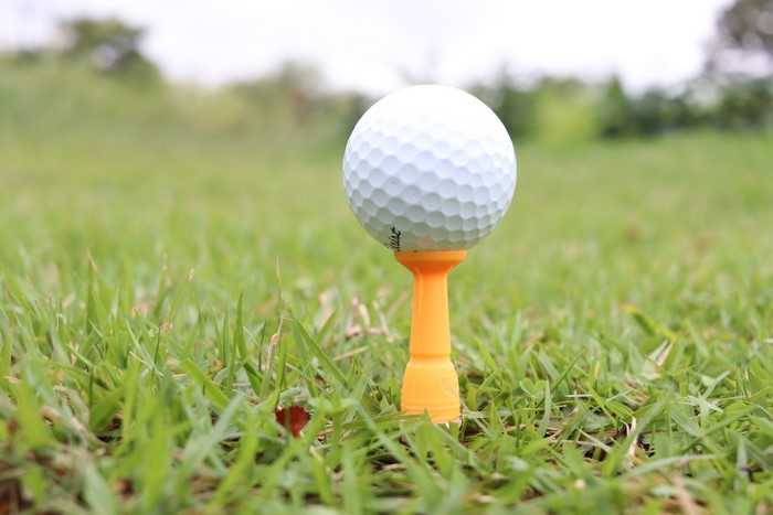 Golf ball on a tee in grass