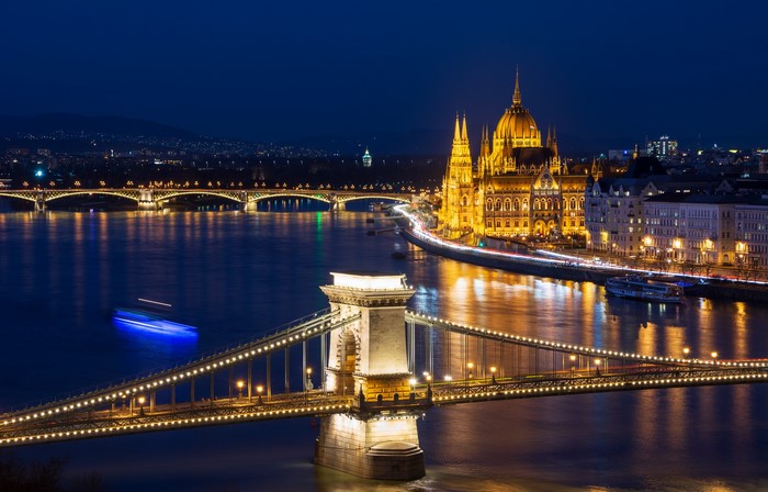 Budapest Parliament Building and Chain Bridge at Night