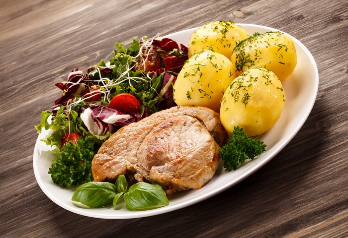 Meat with Potatoes and Salad on a Plate