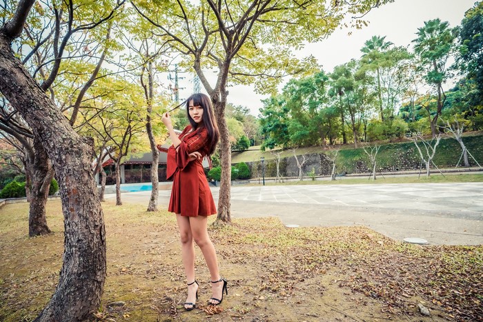 4K Asian Woman in Red Dress Among Trees