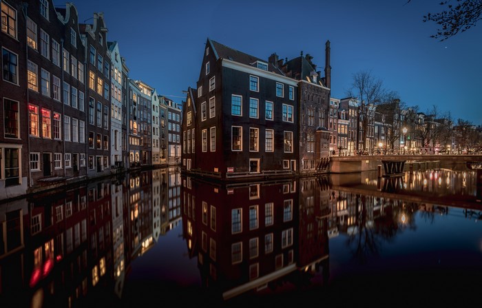 Amsterdam canal houses at night