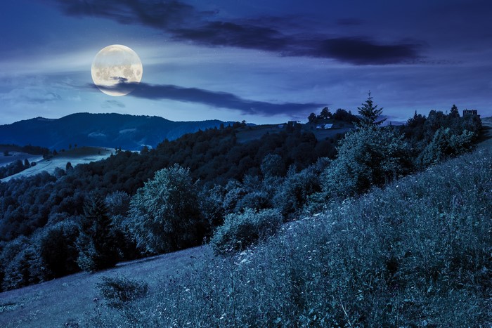 Full moon over forested mountains at night