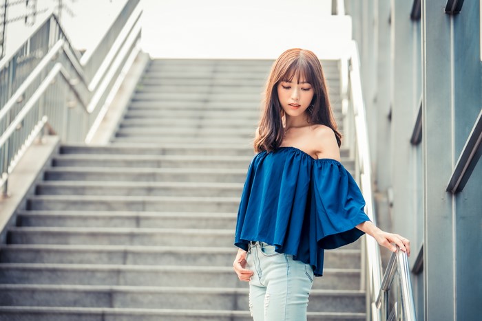 4K Asian Woman Posing on Stairs