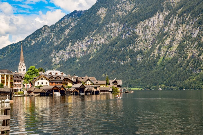 Hallstatt village on a lake with mountains in Austria