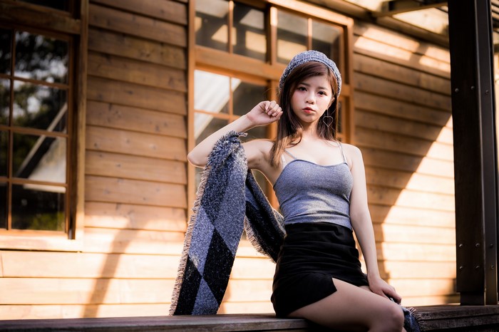 4K Portrait of Asian Woman in Beret and Skirt