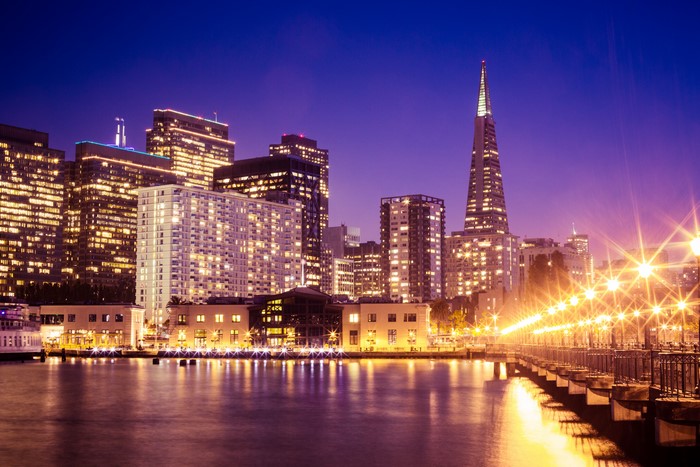 San Francisco skyline at night with Transamerica Pyramid