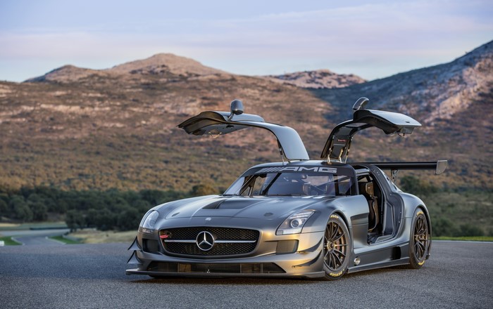 Grey Mercedes-Benz SLS AMG GT3 with Doors Open