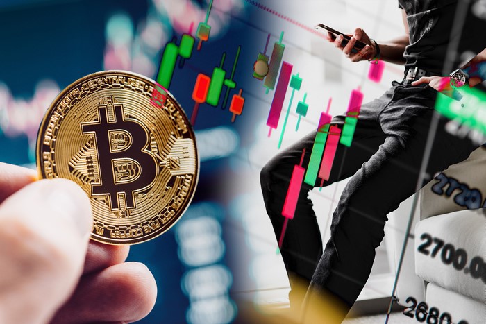 Bitcoin coin and stock market chart with person using phone