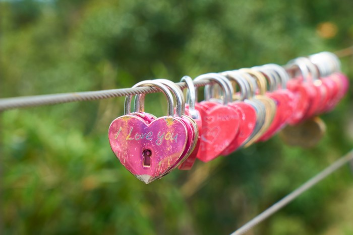 Heart-shaped love locks with "I Love You" inscription