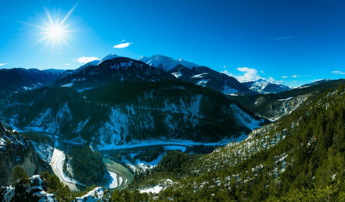 Ruinaulta Canyon in the Swiss Alps with Sun